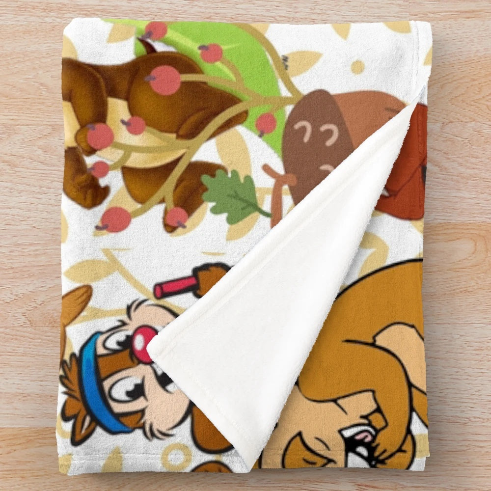 Colorful plush blanket featuring a whimsical chipmunk inspired design