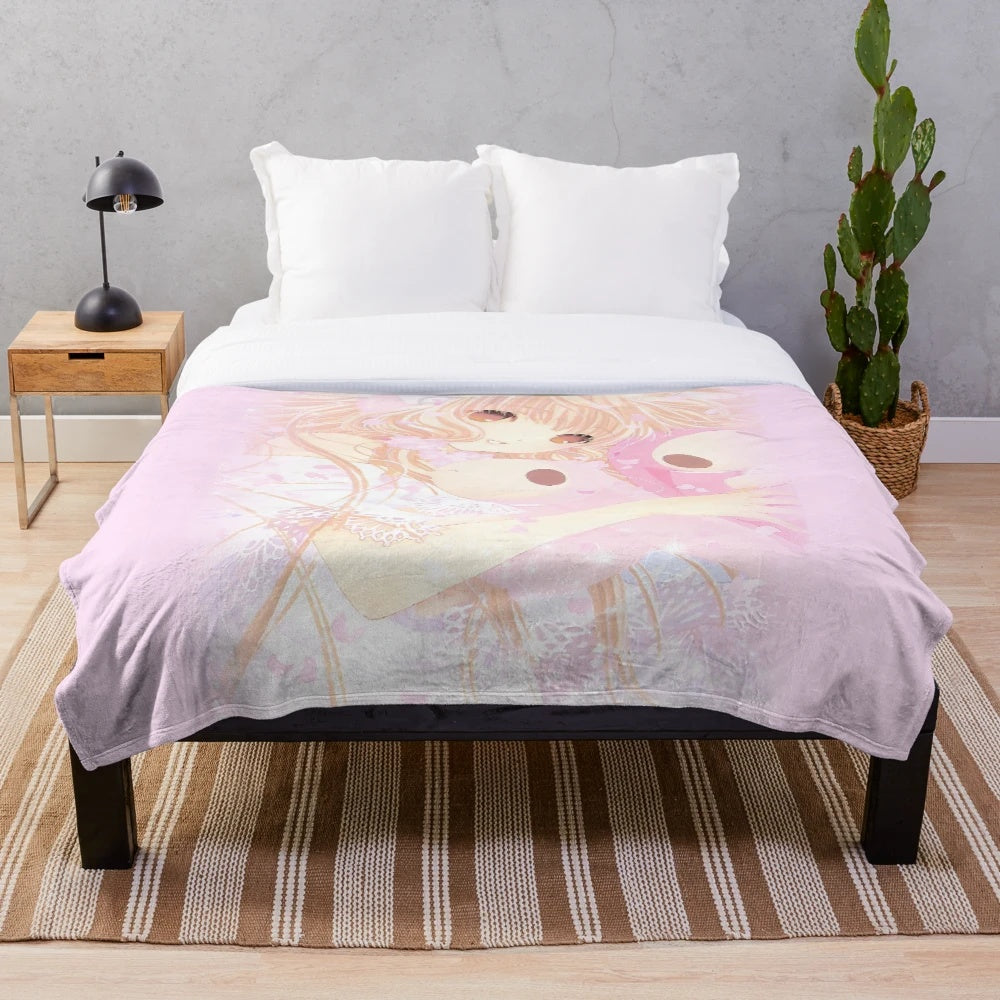 Plush blanket with Chobits-inspired design featuring cute and kawaii pastel colors
