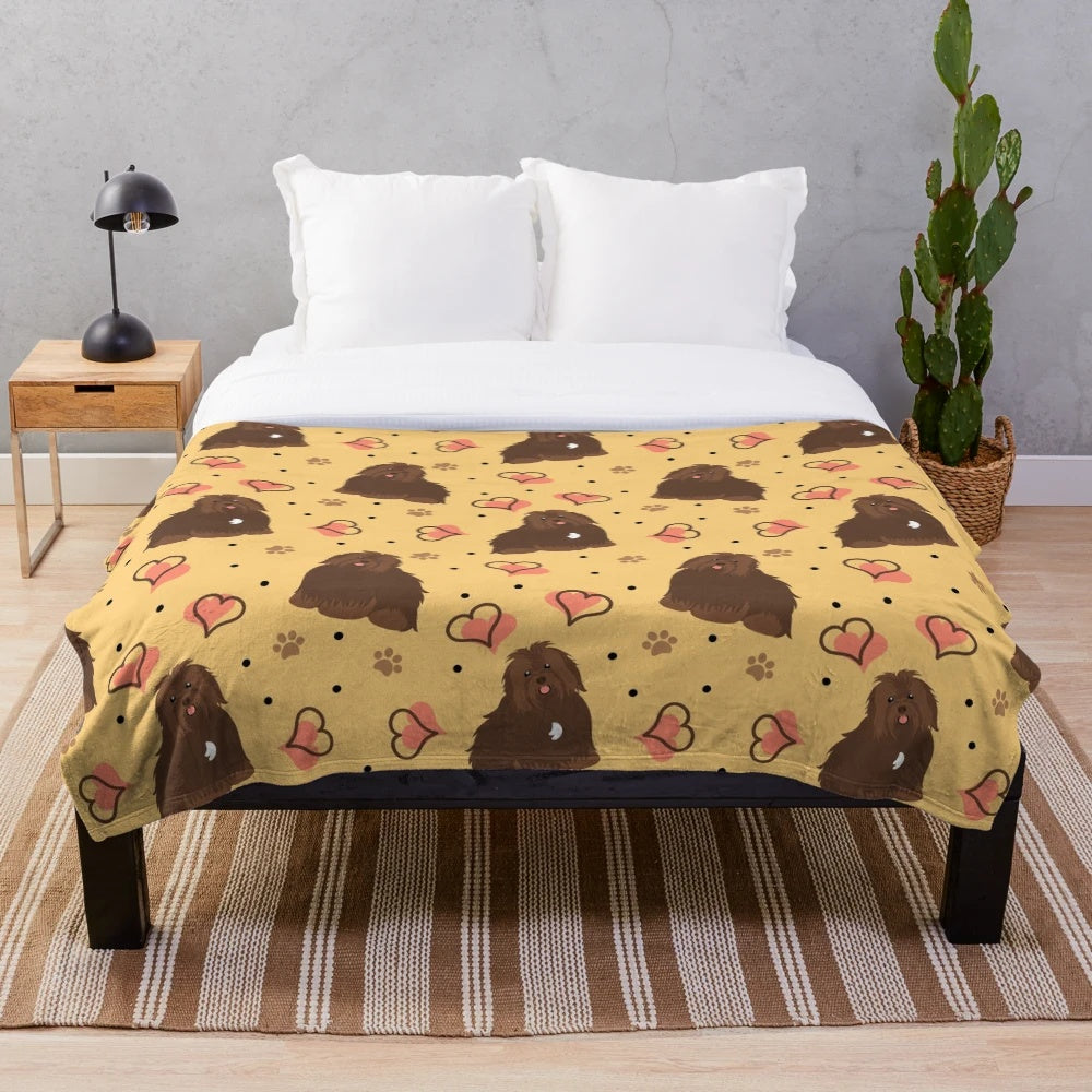 Chocolate brown plush blanket featuring a cute Havanese dog design