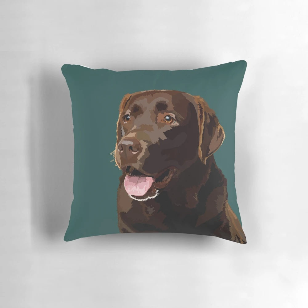 Plush chocolate labrador dog pillow with a detailed portrait design