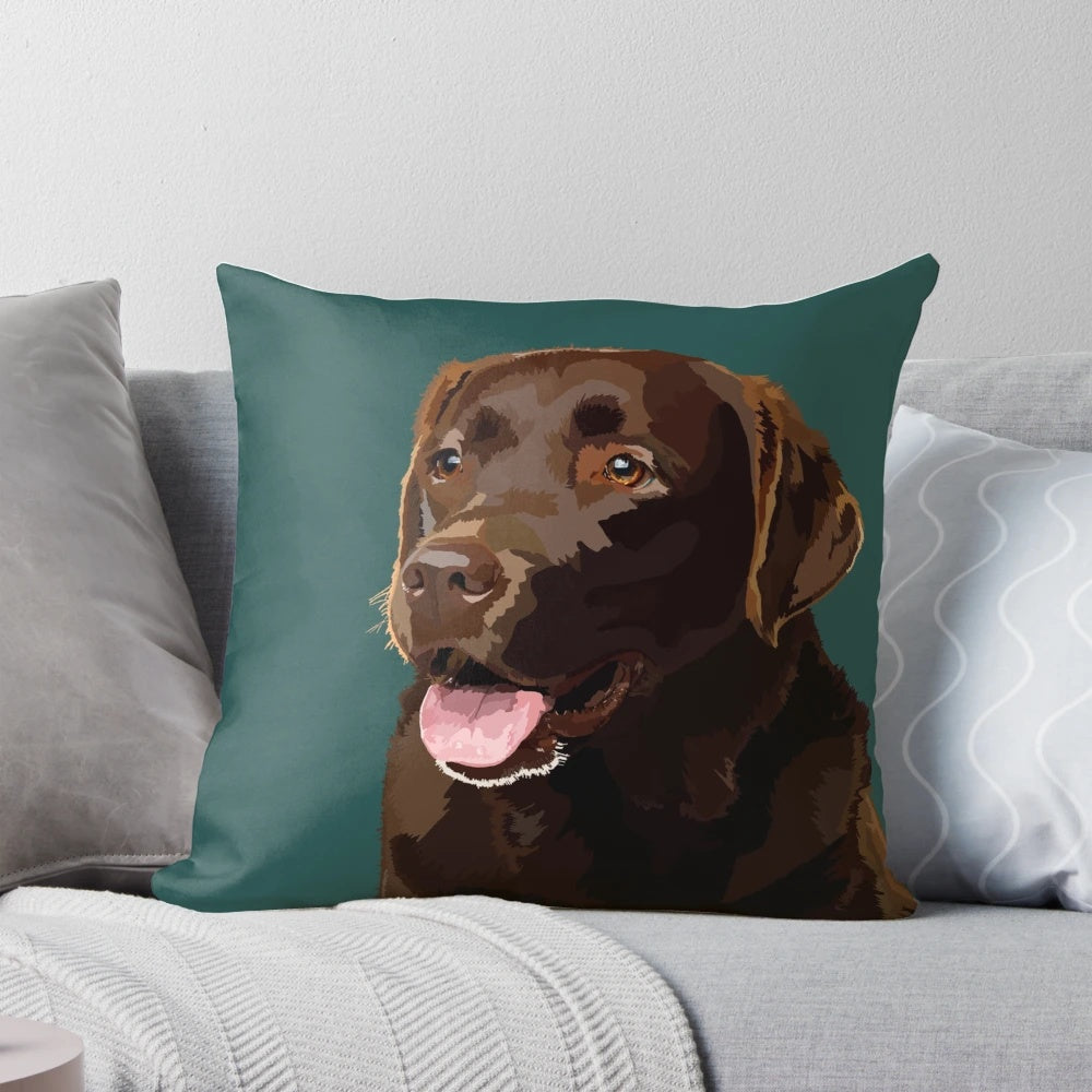 Plush chocolate labrador dog pillow with a detailed portrait design