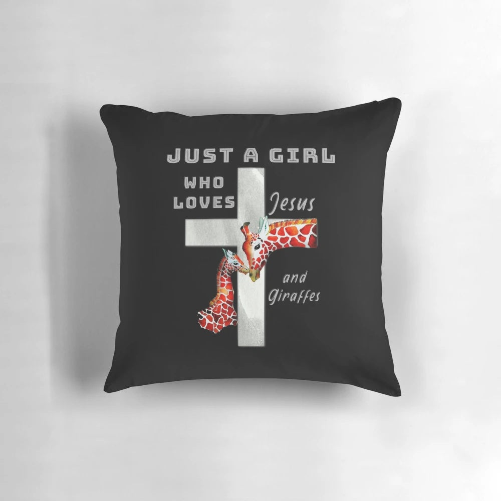 A cozy pillow featuring a whimsical design of a girl who loves Jesus and giraffes.