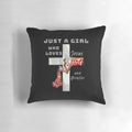 A cozy pillow featuring a whimsical design of a girl who loves Jesus and giraffes.