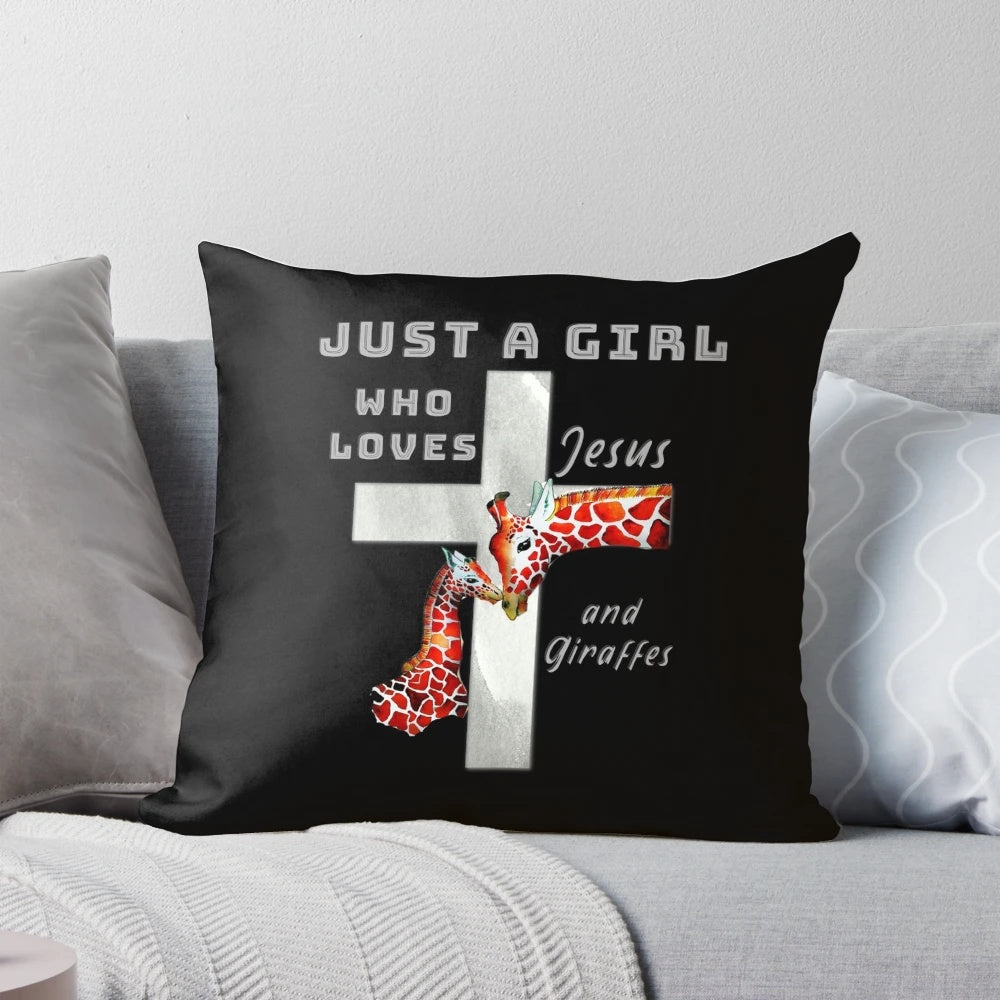 A cozy pillow featuring a whimsical design of a girl who loves Jesus and giraffes.
