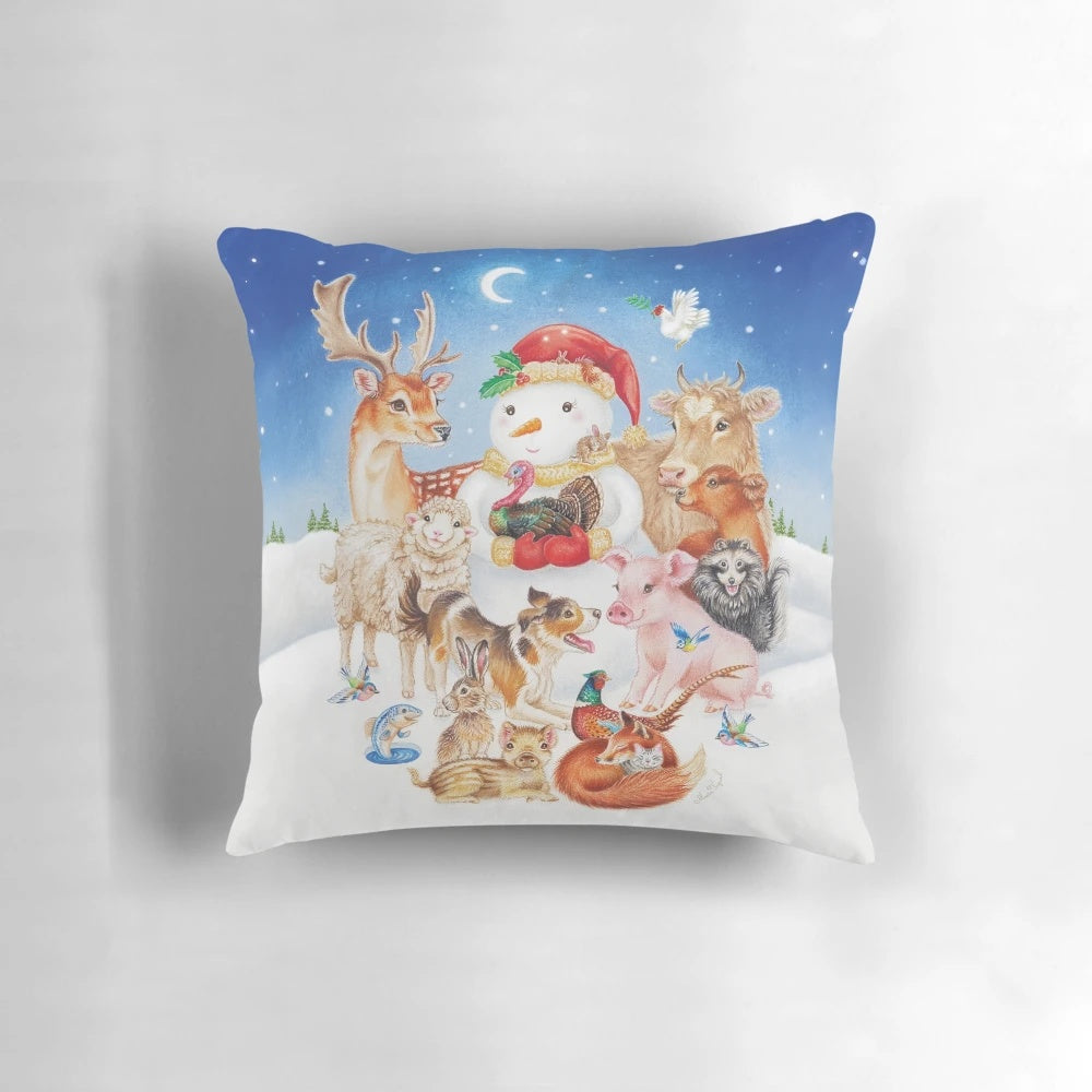 Festive pillow with a design featuring a variety of cute Christmas animals like snowman, reindeer, and more.