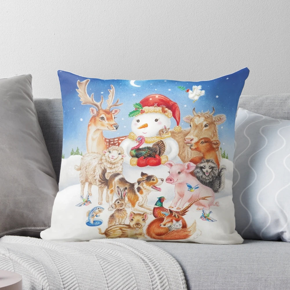 Festive pillow with a design featuring a variety of cute Christmas animals like snowman, reindeer, and more.