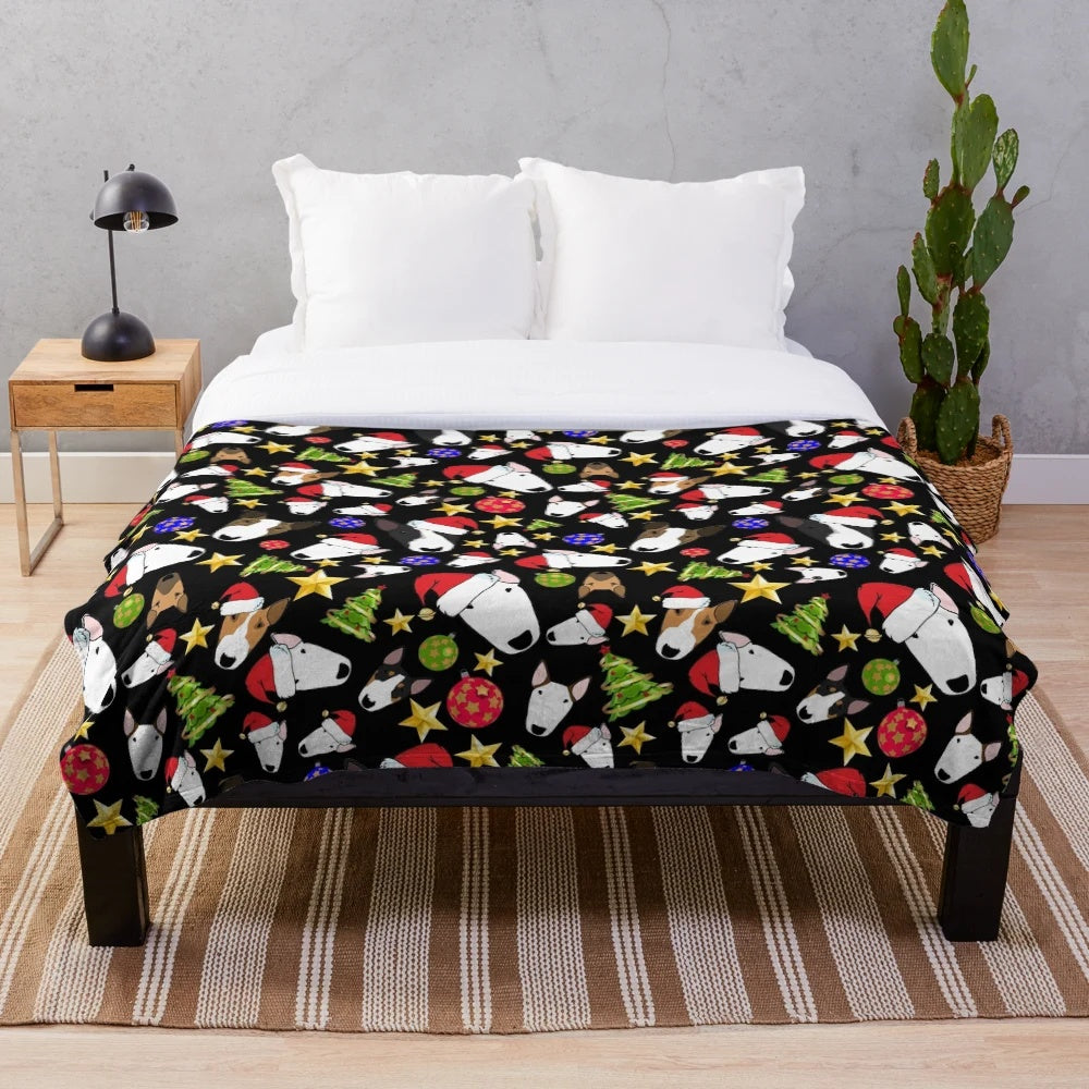 Christmas-themed plush blanket featuring adorable bull terrier dogs