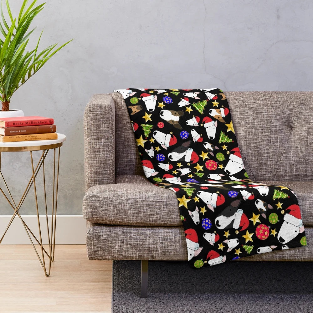 Christmas-themed plush blanket featuring adorable bull terrier dogs