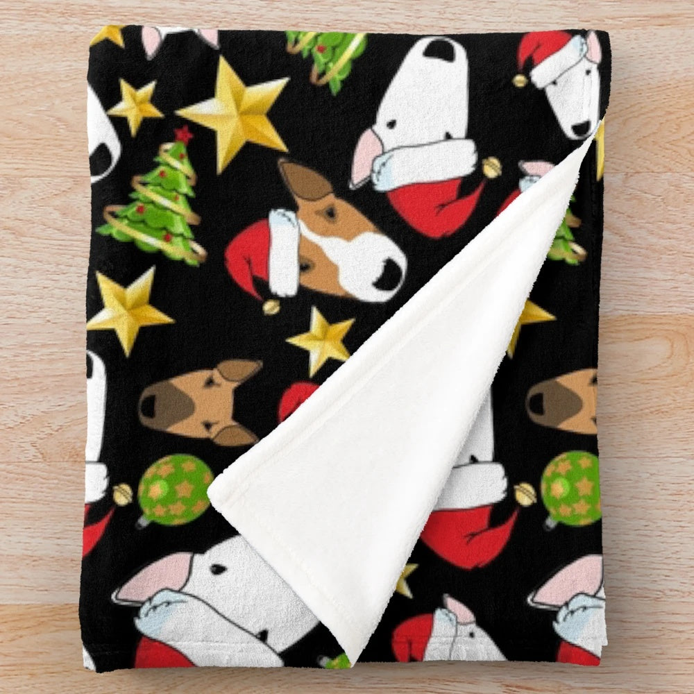 Christmas-themed plush blanket featuring adorable bull terrier dogs
