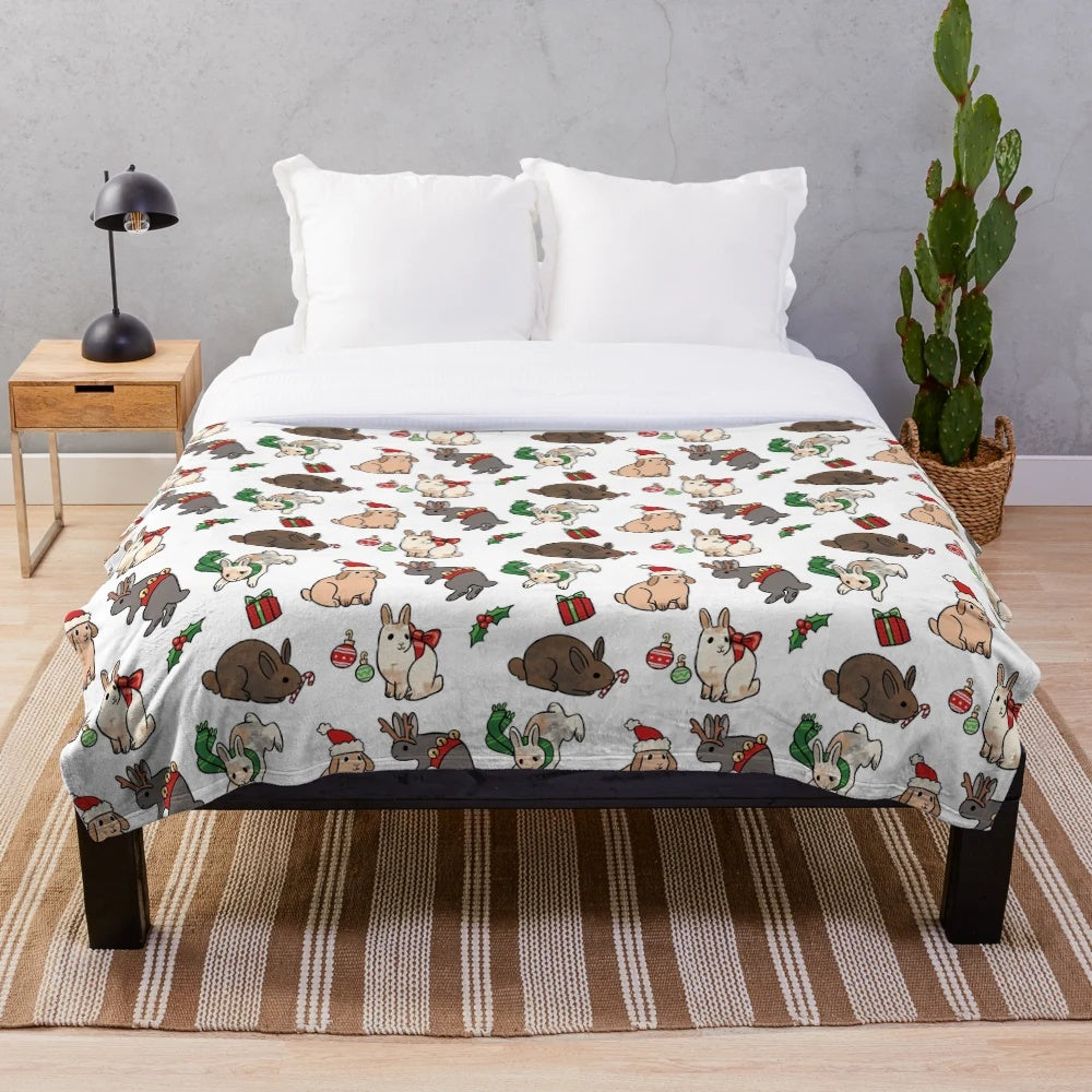 Festive plush blanket featuring an adorable Christmas bunny design