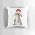 Soft, plush Christmas bunny pillow with Santa hat and sweater design