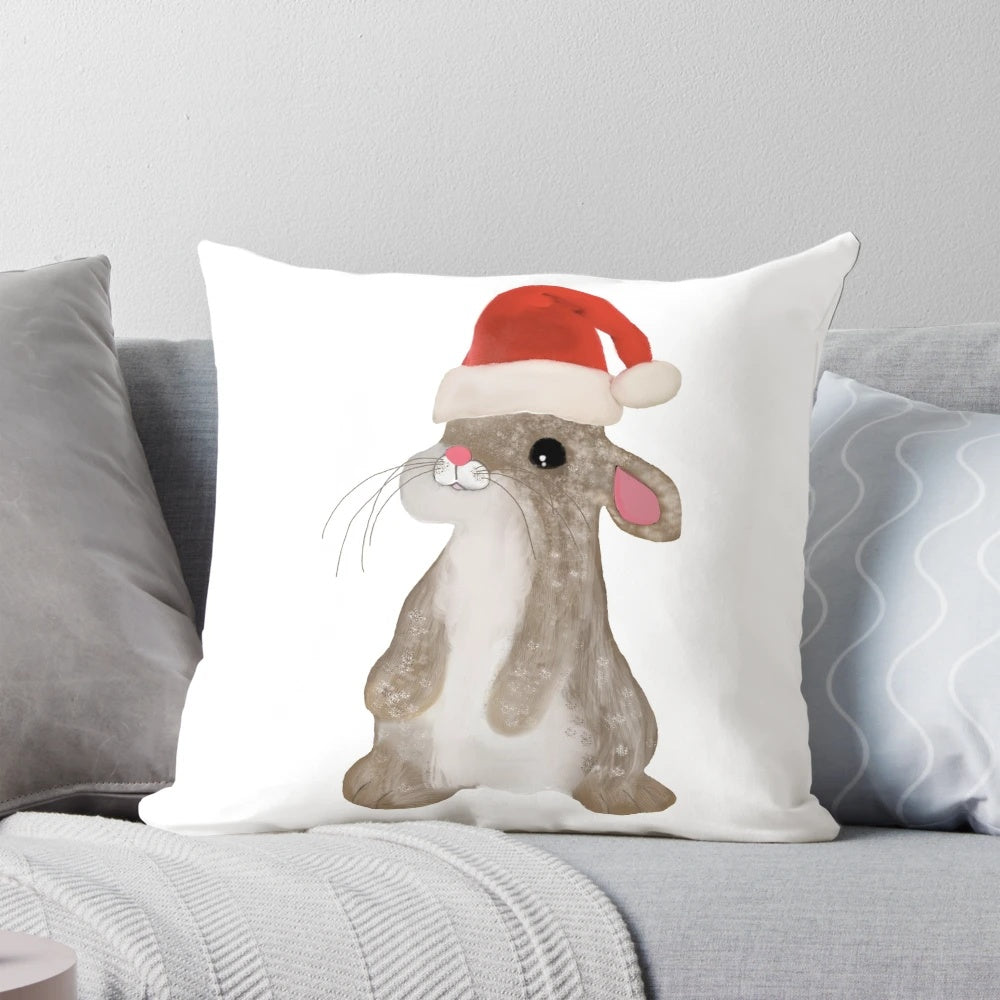 Soft, plush Christmas bunny pillow with Santa hat and sweater design