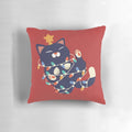Festive Christmas cat pillow with twinkling lights and a cute feline friend