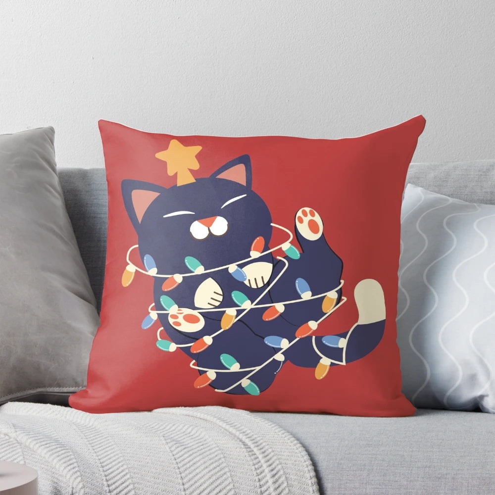 Festive Christmas cat pillow with twinkling lights and a cute feline friend