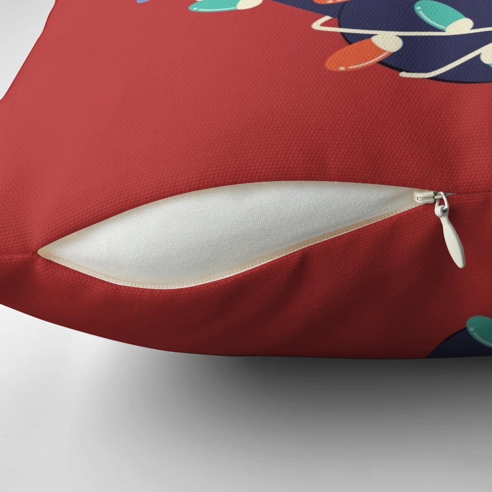 Festive Christmas cat pillow with twinkling lights and a cute feline friend