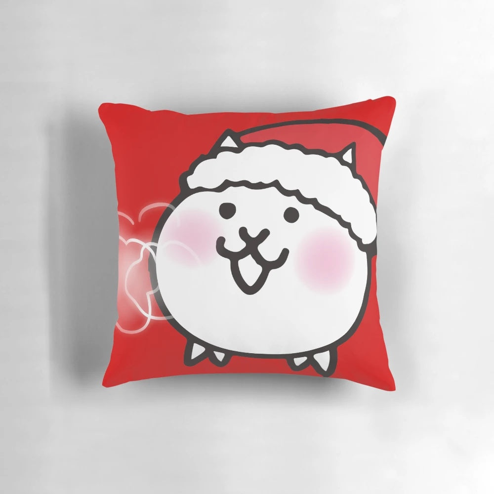 Festive Christmas-themed cat pillow with Santa hat, inspired by the Battle Cats game