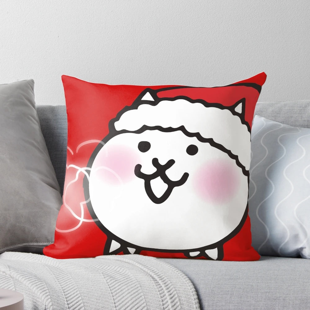 Festive Christmas-themed cat pillow with Santa hat, inspired by the Battle Cats game