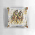 A soft, plush Christmas-themed pillow featuring a beautiful Clydesdale horse surrounded by snow.