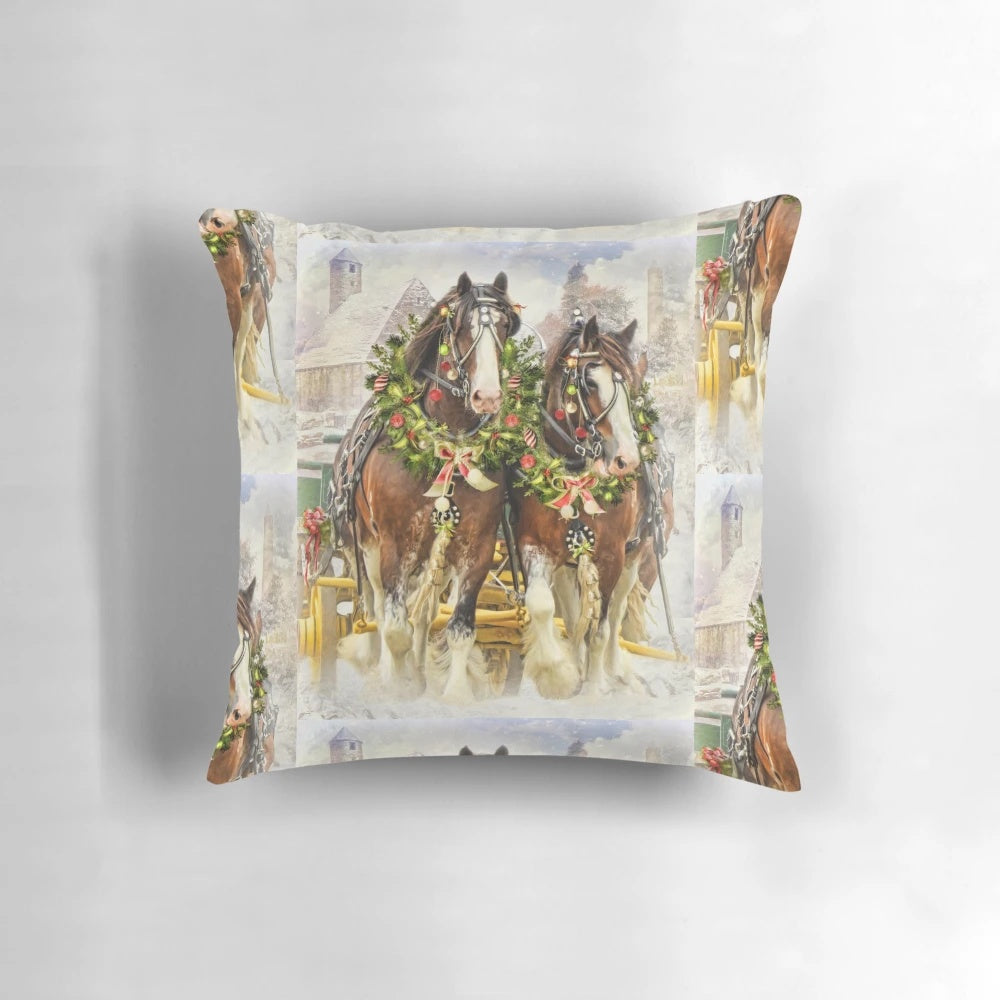 A soft, plush Christmas-themed pillow featuring a beautiful Clydesdale horse surrounded by snow.