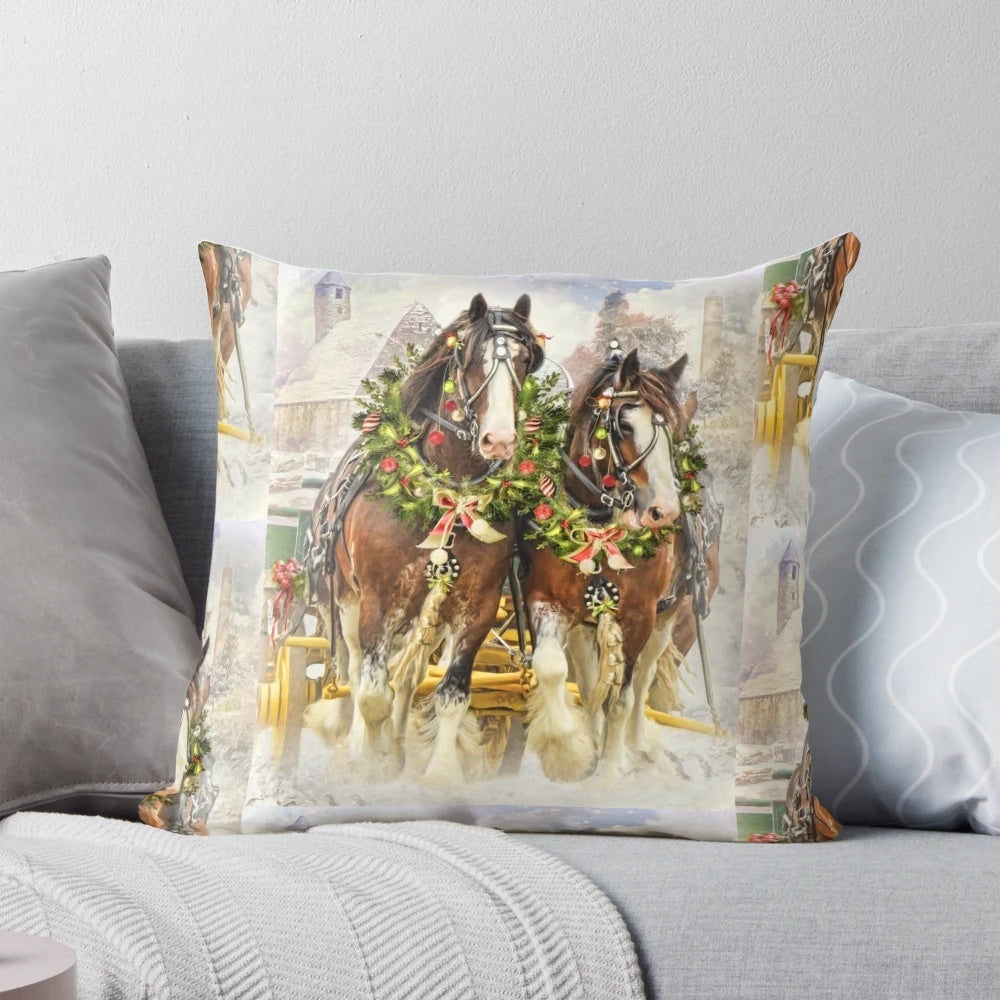 A soft, plush Christmas-themed pillow featuring a beautiful Clydesdale horse surrounded by snow.