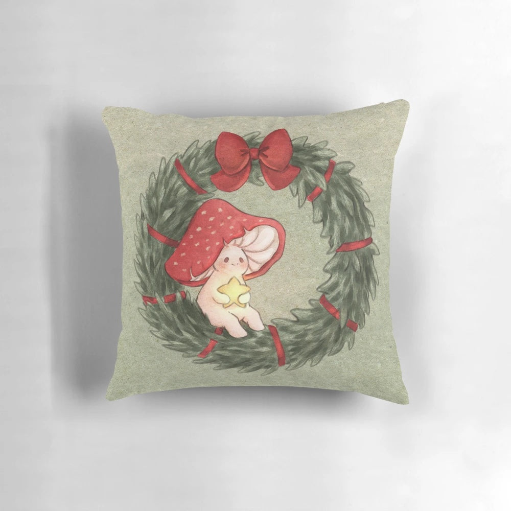 A soft, plush mushroom-shaped pillow in a festive, cozy cottagecore design, perfect for holiday home decor.