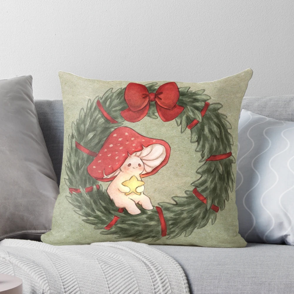 A soft, plush mushroom-shaped pillow in a festive, cozy cottagecore design, perfect for holiday home decor.