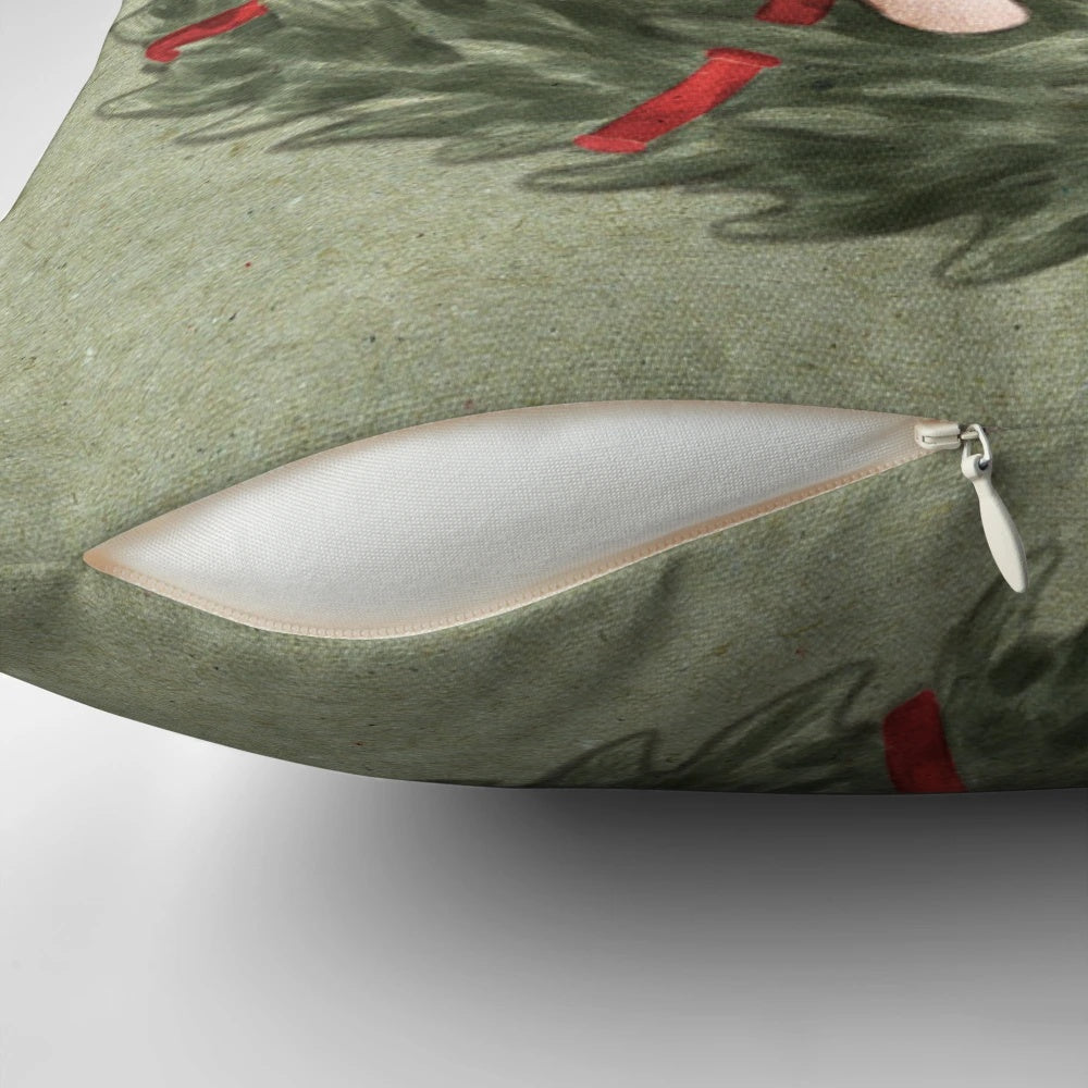 A soft, plush mushroom-shaped pillow in a festive, cozy cottagecore design, perfect for holiday home decor.
