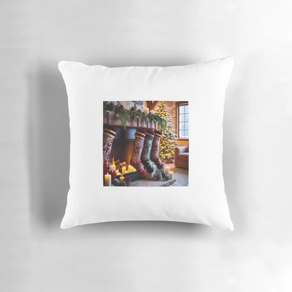 Cozy Christmas interior with a fireplace, pine cones, candles, and a festive pillow
