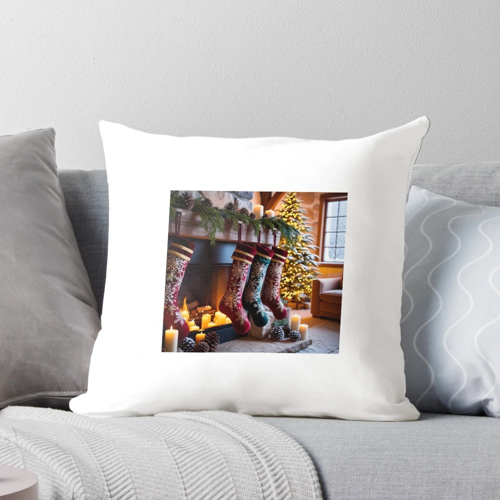Cozy Christmas interior with a fireplace, pine cones, candles, and a festive pillow