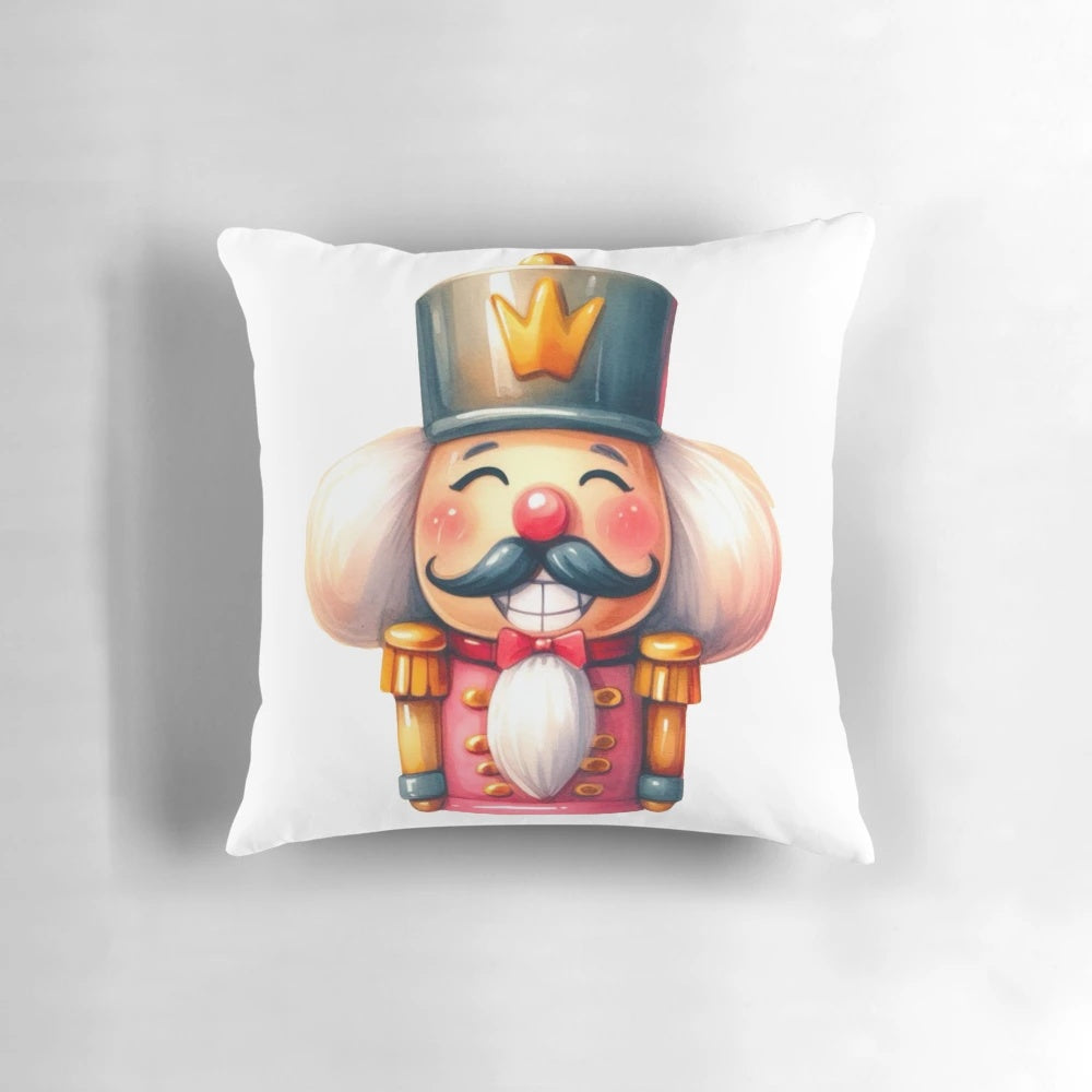 A cheerful Christmas Nutcracker-themed pillow with a festive holiday design.