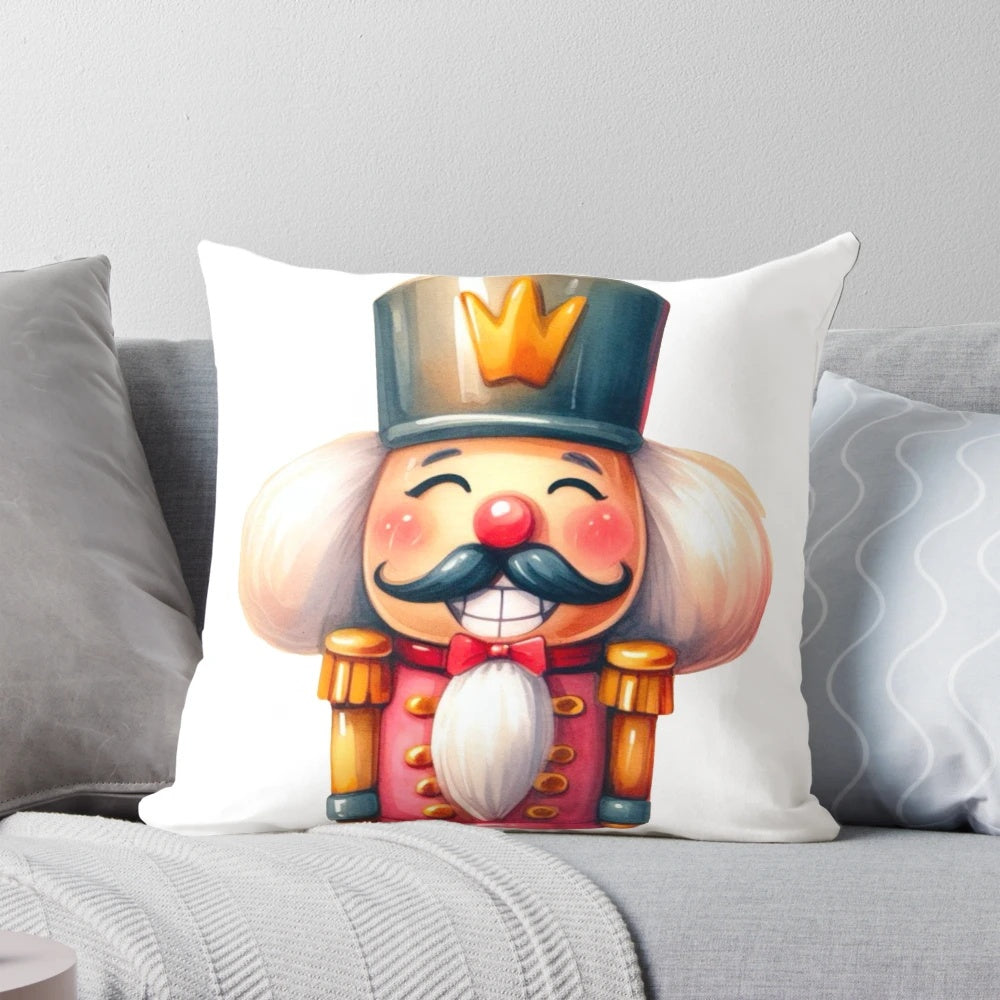 A cheerful Christmas Nutcracker-themed pillow with a festive holiday design.