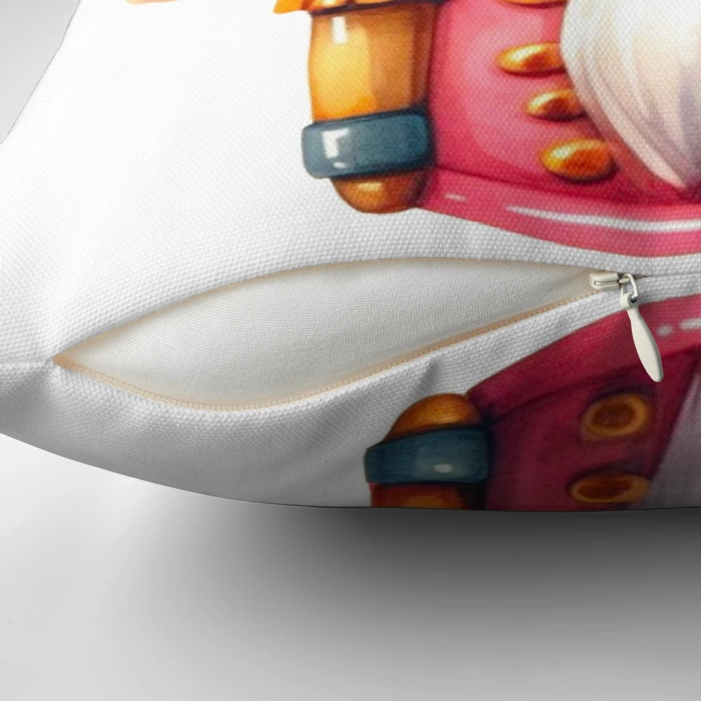 A cheerful Christmas Nutcracker-themed pillow with a festive holiday design.