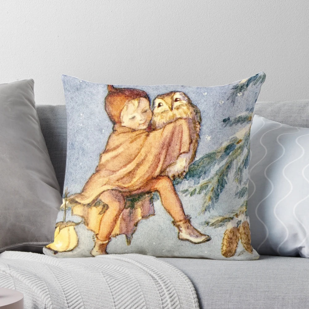 A festive Christmas pillow featuring a charming owl design by renowned artist Margaret Tarrant.