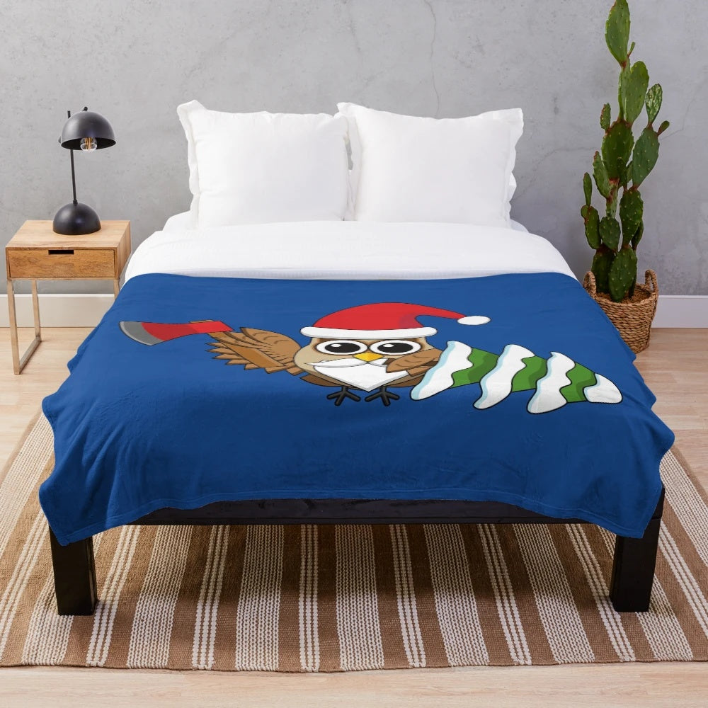Christmas owl plush blanket with snowy pine tree and woodcutter axe