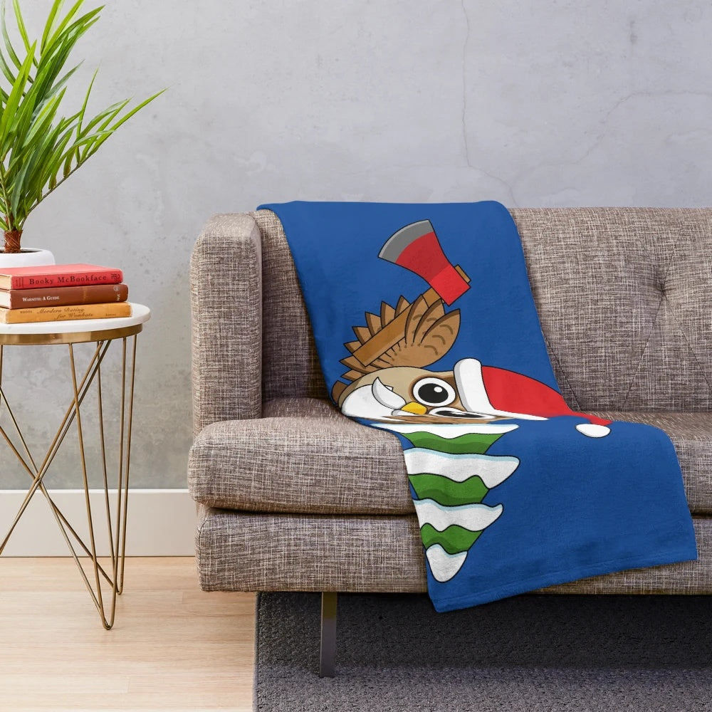 Christmas owl plush blanket with snowy pine tree and woodcutter axe