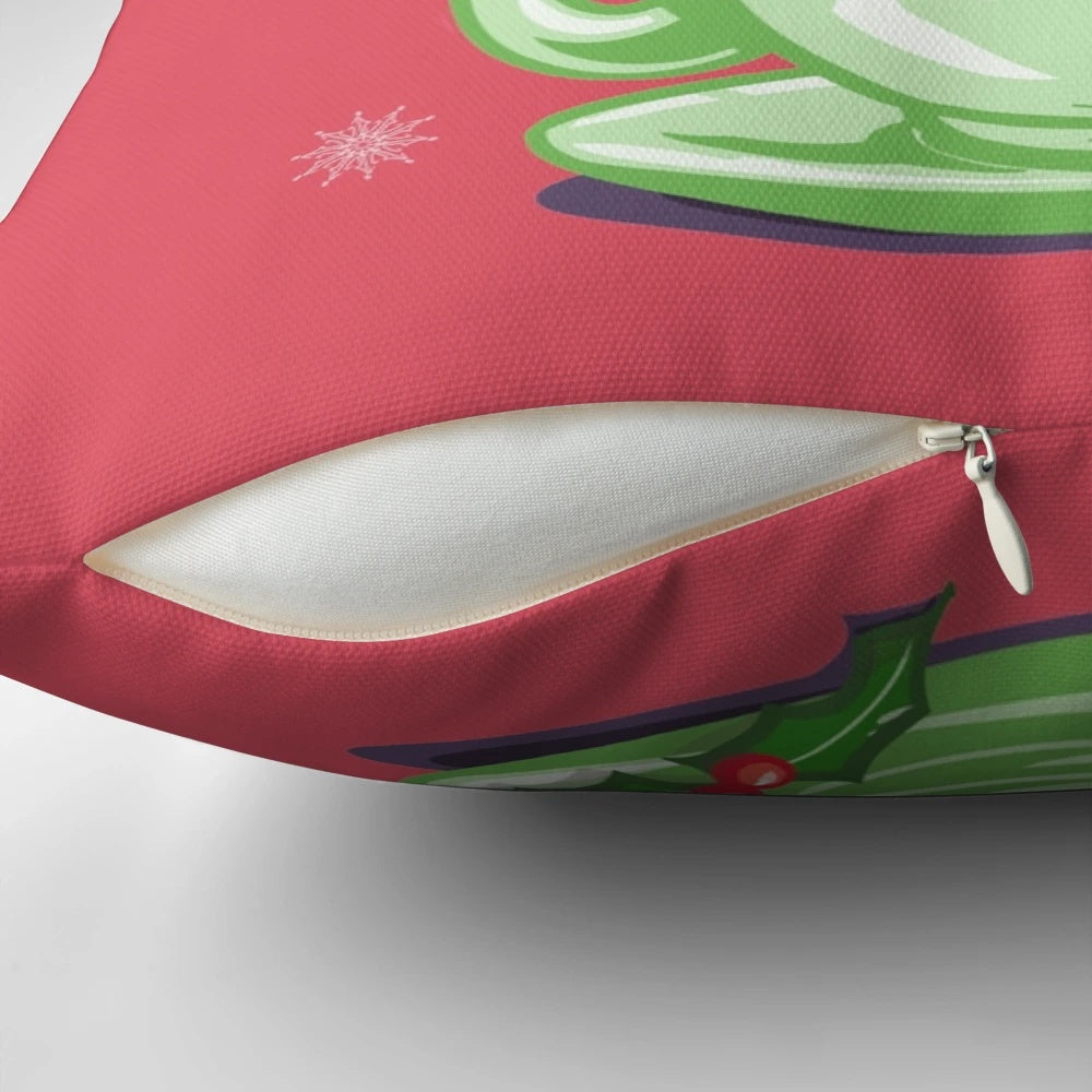 Cozy Christmas-themed pillow featuring hot chocolate, candy canes, and festive decorations