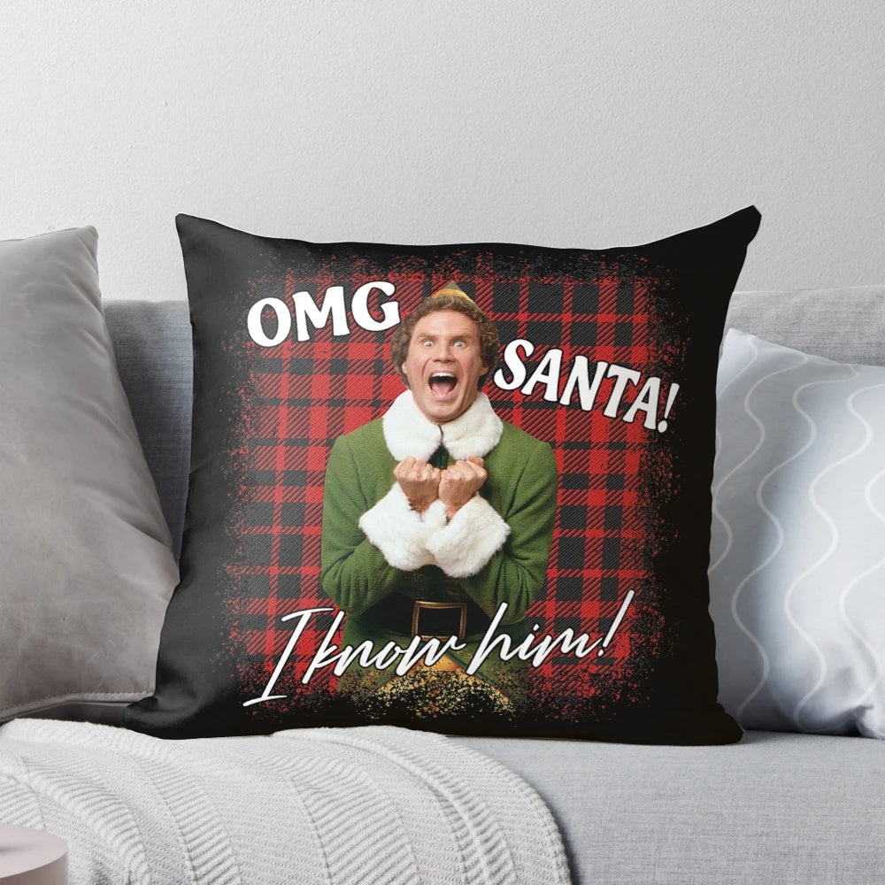 A white square pillow with a humorous "OMG Santa! I know him!" design, inspired by the popular Christmas movie "Elf