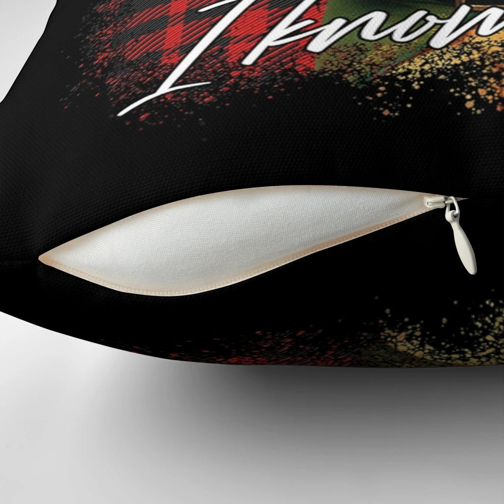 A white square pillow with a humorous "OMG Santa! I know him!" design, inspired by the popular Christmas movie "Elf