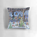 Decorative Christmas pillow with snowy winter landscape and holiday elements
