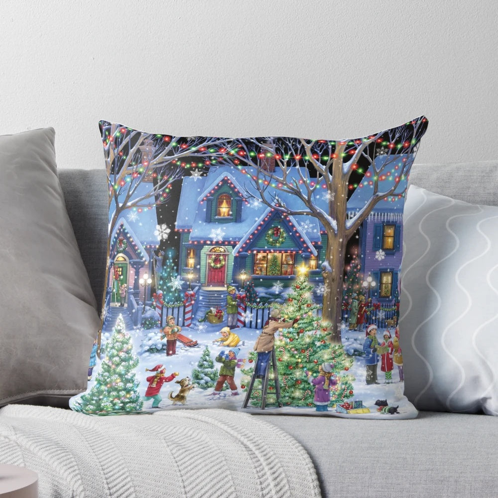 Decorative Christmas pillow with snowy winter landscape and holiday elements