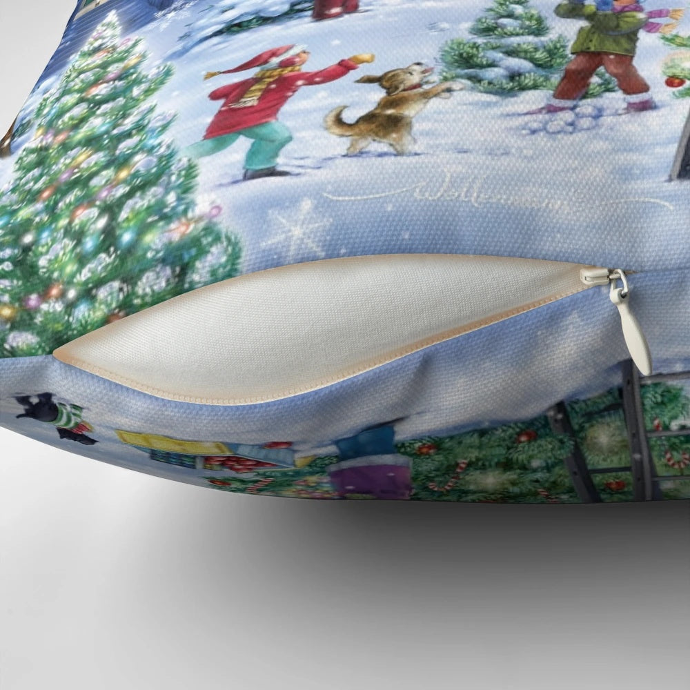 Decorative Christmas pillow with snowy winter landscape and holiday elements