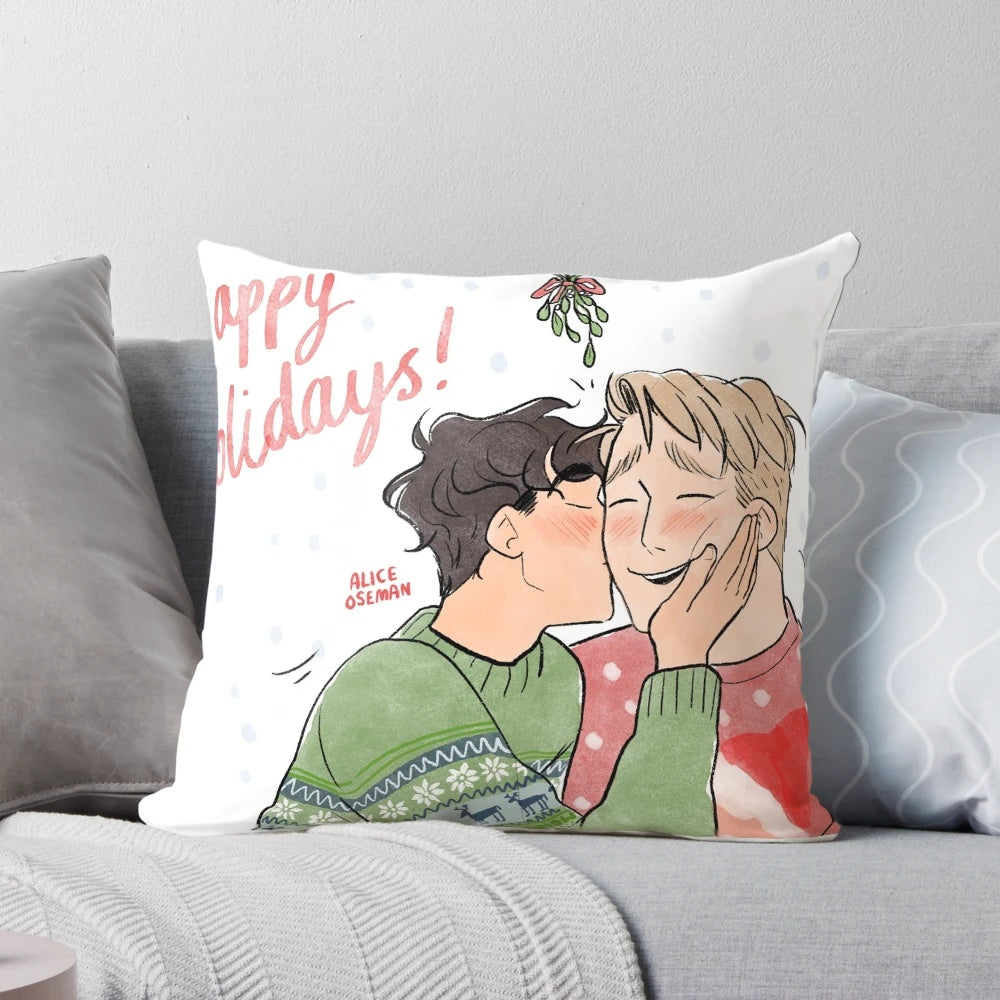 Soft, decorative pillow featuring a festive holiday design for fans of the Heartstopper series by Alice Oseman.