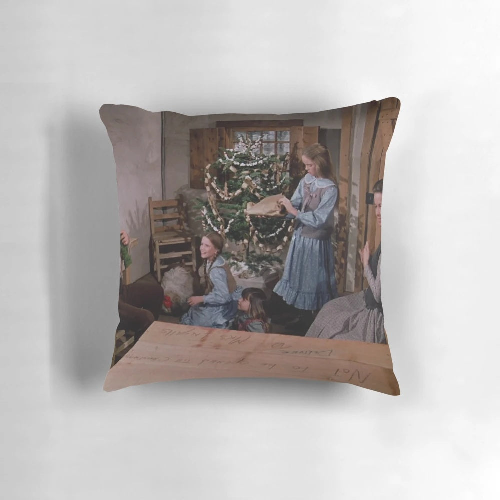 Christmas pillow featuring characters from the classic TV series Little House on the Prairie