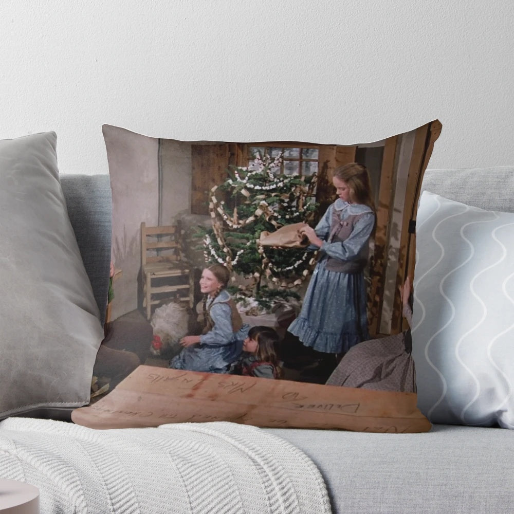 Christmas pillow featuring characters from the classic TV series Little House on the Prairie