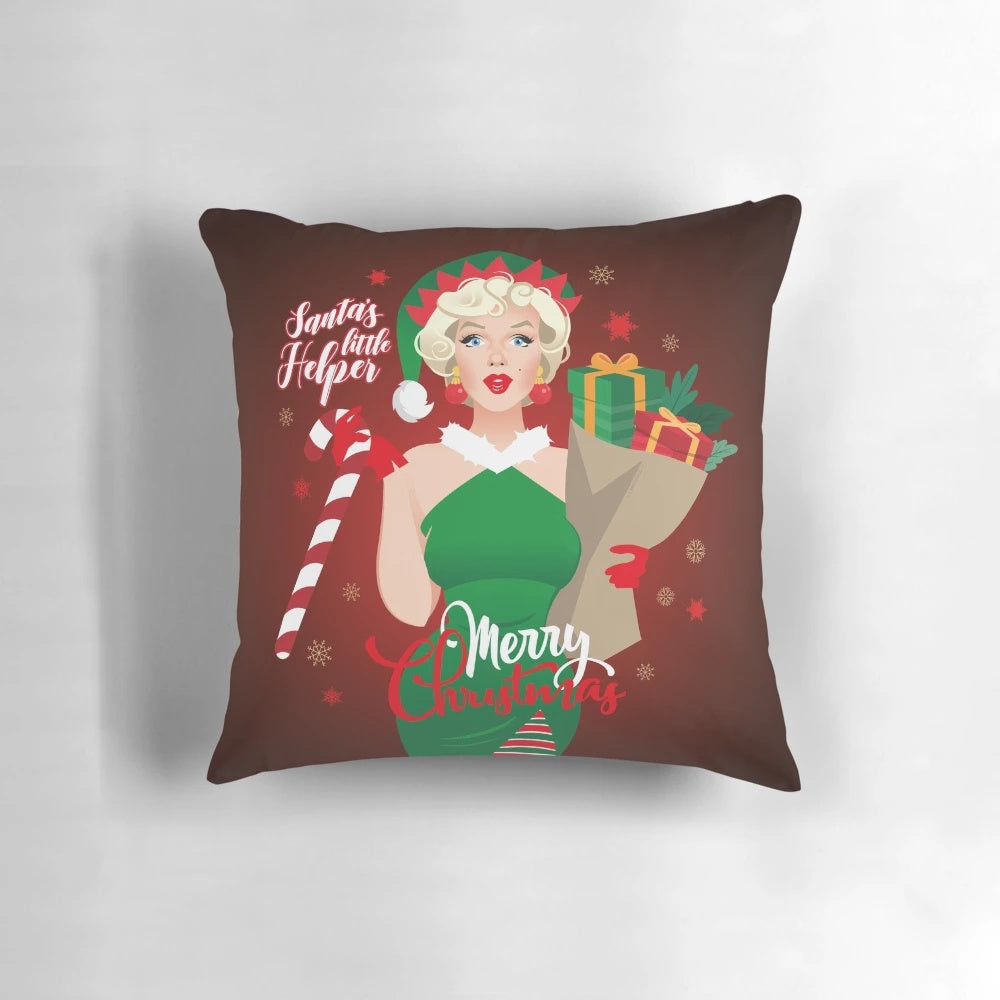 Decorative Christmas pillow featuring a blonde Marilyn Monroe-inspired figure in a Santa's helper outfit