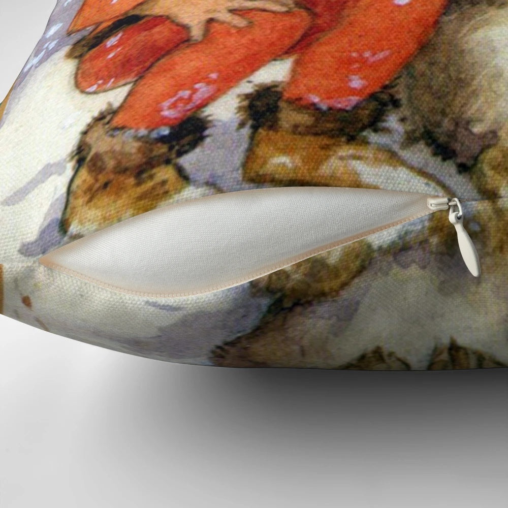 Whimsical Christmas pillow featuring an illustration of an elf and rabbit under mistletoe in a snow-covered woodland scene, designed by artist Margaret Tarrant.