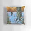 A soft, plush throw pillow featuring a winter landscape with a greyhound and whippet dog silhouettes against a sunset sky.