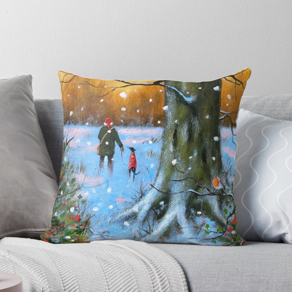 A soft, plush throw pillow featuring a winter landscape with a greyhound and whippet dog silhouettes against a sunset sky.