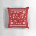 Soft, plush Christmas pillow featuring the quote "Merry Christmas ya filthy animal" from the popular holiday film Home Alone.