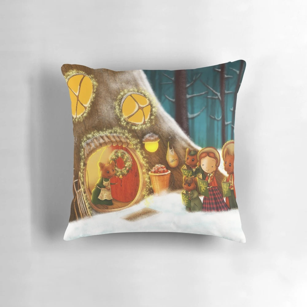 Illustration of whimsical mice carolers bringing holiday cheer in a winter wonderland scene on a cozy Christmas pillow.